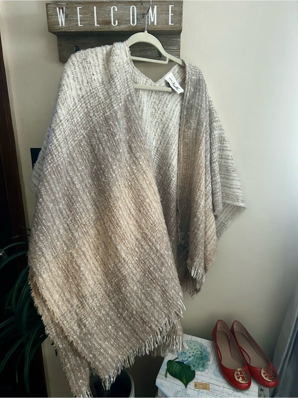 Simply Noelle Cream and Tan Fringe Poncho Sweater